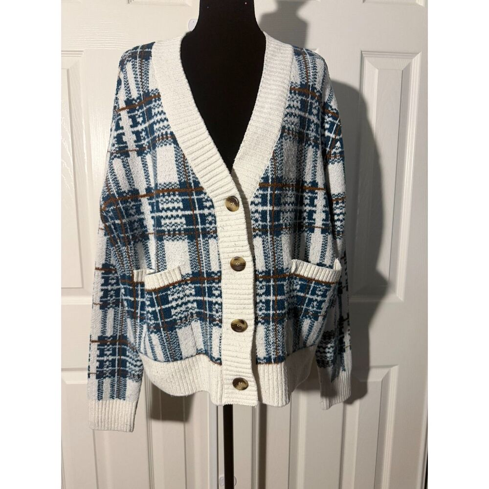 #246 - Women's Large Natural Reflections Plaid Cardigan Sweater